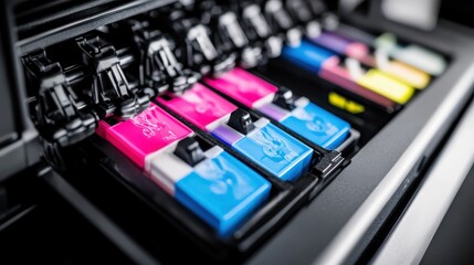 Colorful Ink Cartridges in a Modern Printer with a Close-Up View