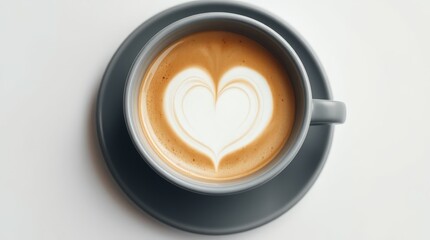 Minimalist cappuccino with heart latte art in gray cup on white background, top view
