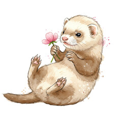 Playful Ferret: An adorable ferret, rendered in a delightful watercolor style, playfully holds a delicate pink flower, capturing a moment of endearing charm.
