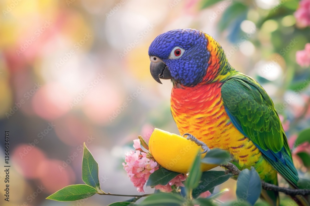 Aufkleber colorful parrot perched on a branch with flowers and a lemon in a lush environment