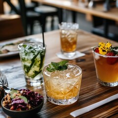 Outdoor patio dining, cocktails on a wooden table