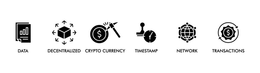 BLOCKCHAIN banner web icon vector illustration concept with icon of data, decentralized, crypto currency, timestamp, network and transactions 