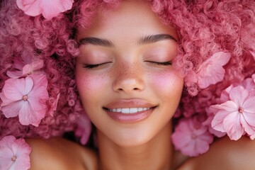 Young woman with pink curly hair surrounded by flowers enjoys a serene moment in a bright, colorful setting