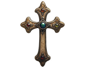 ornate silver cross adorned with colorful gemstones, showcasing intricate detailing and historical design. This religious relic evokes sense of reverence and artistry