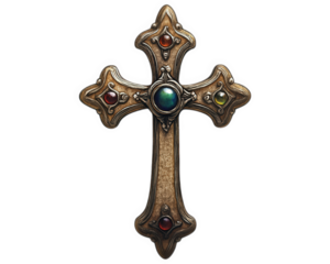 ornate silver cross adorned with colorful gemstones, showcasing intricate detailing and historical design. This religious relic evokes sense of reverence and artistry