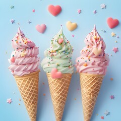 Pastel gelato in waffle cones