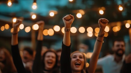 Crowd Cheers, Hands Raised, Outdoor Party