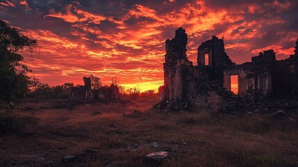 Fototapeta premium Fiery sunset casts dramatic light on crumbling stone ruins of old buildings in a desolate field.