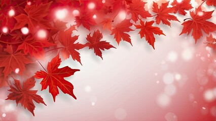 A vibrant, celebratory graphic featuring a gradient red background with scattered white and red maple leaves.