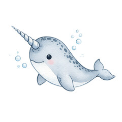 Whimsical Narwhal Illustration: An adorable narwhal swims gracefully, showcasing its prominent spiral tusk, surrounded by playful bubbles, creating a captivating and imaginative underwater scene.