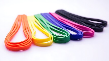 Naklejka premium A row of colorful rubber bands are lined up on a white background