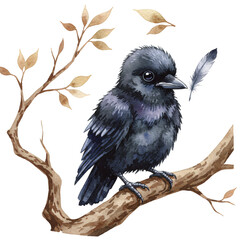 Artistic Raven: Capturing the essence of a raven perched delicately on a branch, a study in monochrome, enhanced with artistic touches of watercolor, evoking a sense of mystery and nature's grace.