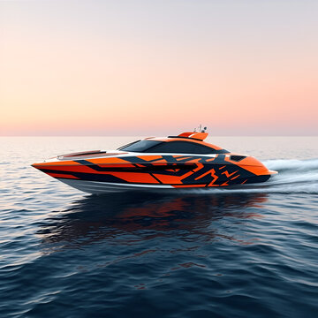 Modern speedboat with striking orange and black wrap design, floating serenely on calm water under a soft sky