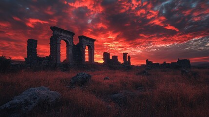 Obraz premium Fiery sunset over ancient ruins, dramatic sky, stone arches, grassy field.