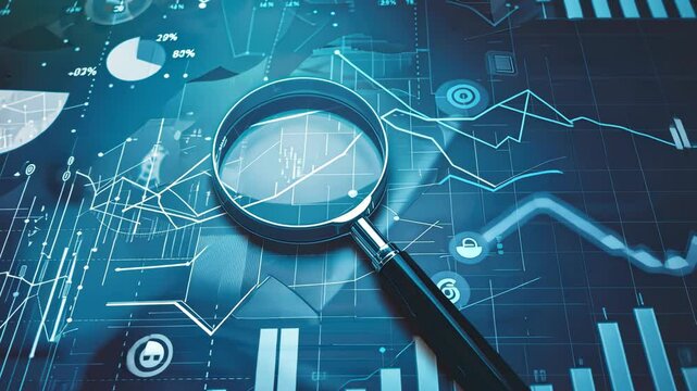 Observing detailed graphs and data trends in a tech-driven workspace using a magnifying glass, emphasizing analysis and insight
