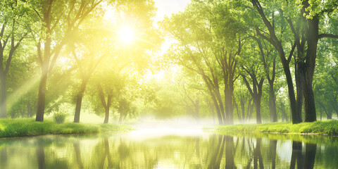 Fototapeta premium Misty green forest at sunrise with sun rays piercing through the trees, illuminating the morning landscape
