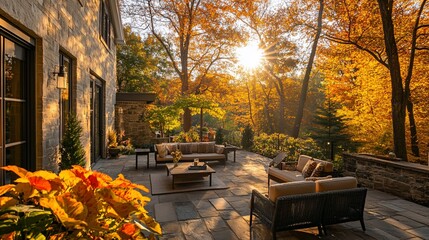 Naklejka premium Sunlit autumn patio with stone walls, furniture, and vibrant foliage.