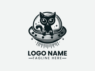 Alien Cat UFO Logo, Cat in Flying Saucer Glowing Lines Alien Logo Design © Dawi Firdaus