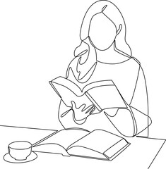 Female reading at cafe one line art vector