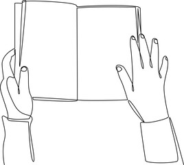 Hand holding open book one line art vector