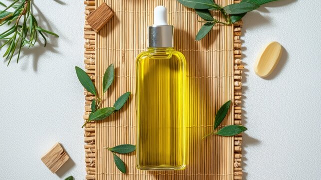 A bottle of hair oil placed on a bamboo mat, surrounded by tea tree leaves and sandalwood pieces, in a minimalist style with a clean background, promoting nourishing and aromatic haircare solutions ,