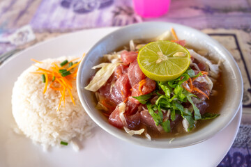Polynesian raw fish dish served in Hiva Oa, French Polynesia