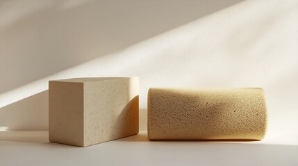 Obraz premium Two white objects, one of which is a cube and the other is a cylinder