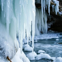 Large icicles hanging in blue and white tones representing winter freeze over water against a rocky background