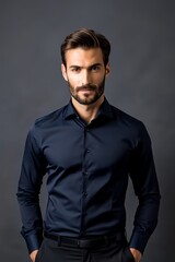 Obraz premium A portrait of a young man in a dark blue shirt against a neutral background, exuding confidence and professionalism.