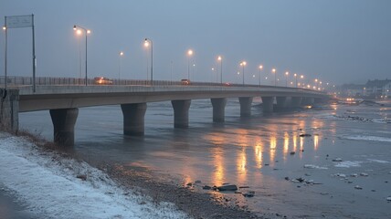 Fototapeta premium Illuminated Bridge Over Snowy River at Night