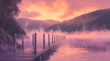 Naklejka premium Misty sunrise over calm lake with wooden pier.