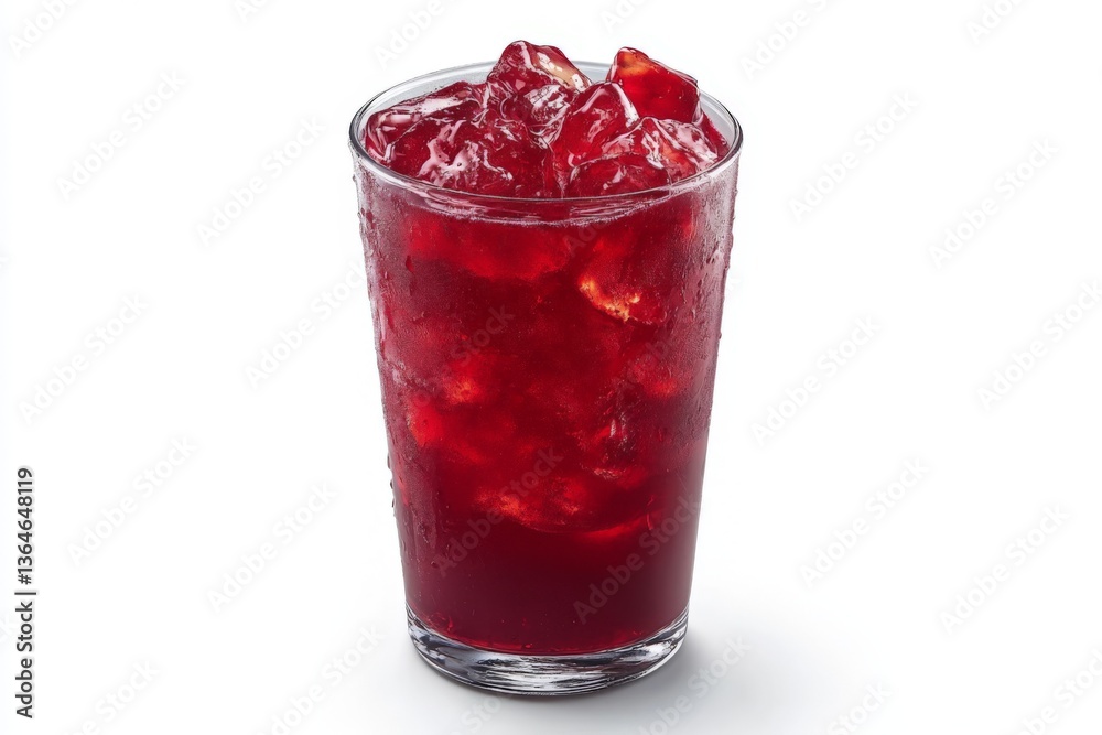 Aufkleber refreshing red beverage served in a glass filled with ice cubes on a bright background in a modern e