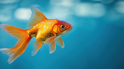 Goldfish in mid-air leap, vibrant orange scales, dynamic motion, clean blue water backdrop. Energy and freedom in nature's flow.