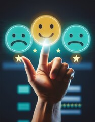 Customer Satisfaction and User Experience Concept – Hand Selecting a Positive Happy Face on Digital Screen Among Neutral and Sad Emojis, Representing Online Reviews, Feedback Ratings, and Business Suc