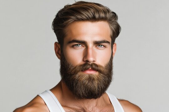 Young man with a well-groomed beard and striking blue eyes poses confidently in a plain background