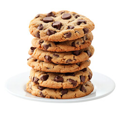 Stack of Chocolate Chip Cookies PNG – Golden-Brown Homemade Cookies Arranged Neatly on a White Plate for Food Photography