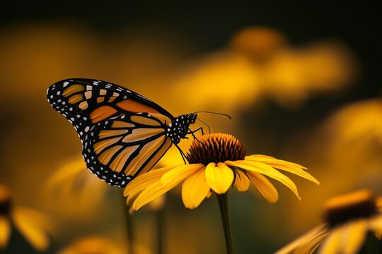 Colorful butterfly resting on a vibrant yellow flower in a lush garden during late summer