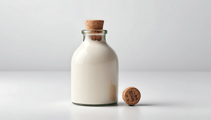 Bottle of Almond Milk with Cork Stopper on White Background