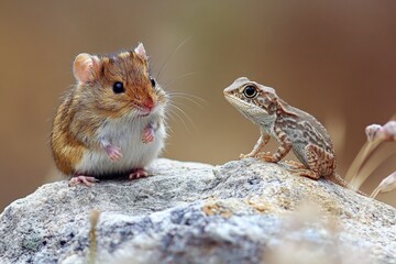 Adorable encounter between a mouse and a frog in a natural setting during the afternoon