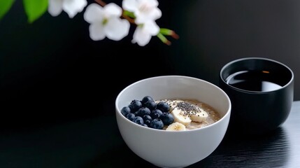 Delicious Oatmeal Breakfast Bowl with Blueberries  Banana   Chia Seeds