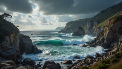 Stormy beach with rough waves and dramatic cliffs under cloudy skies  