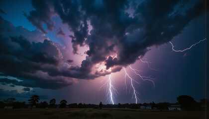 Thunderstorm in city, dramatic lightning strikes, dark clouds landscape  