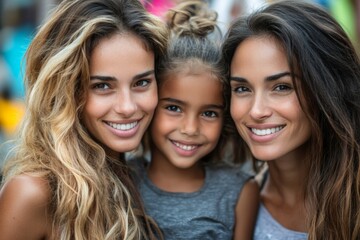 Fototapeta premium Smiling women and child share a joyful moment at a vibrant outdoor gathering during the day
