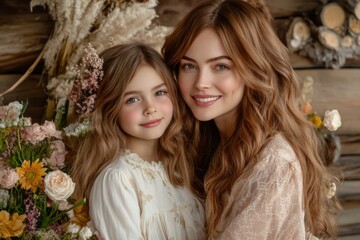 Obraz premium Mother and daughter share a joyful moment in a floral setting with warm sunlight illuminating their smiles