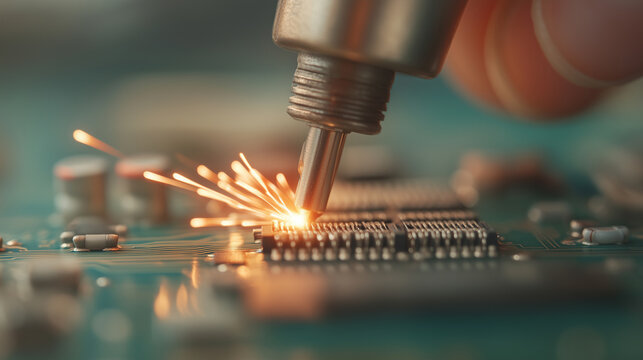 Close-up view of a technician soldering components on a printed circuit board in a workshop during the afternoon 