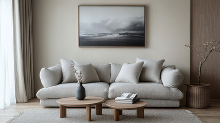 Minimalist Living Room with Light Gray Sofa and Wooden Coffee Tables