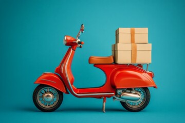 Obraz premium Bright red scooter with stacked boxes ready for delivery against a vibrant blue background