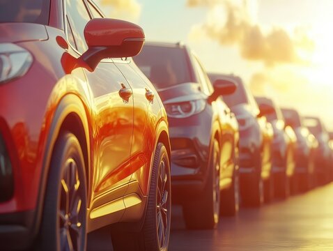 Outdoor car dealership lot under vibrant sunlight, displaying various models for sale or rent, offering a wide selection of vehicles to customers in a sunny retail environment