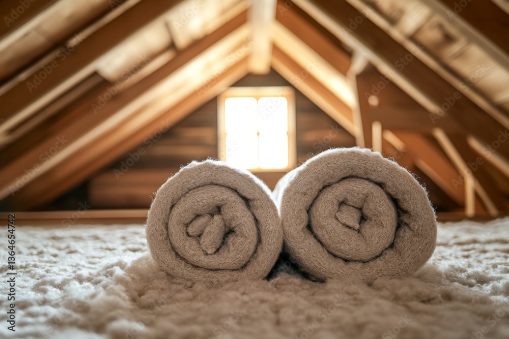 Poster Cozy attic space featuring neatly rolled towels on soft carpet near a window with warm sunlight filtering through wooden beams