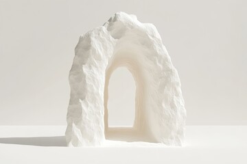 Abstract, minimalist, sculpted archway, light and shadow.  A pristine, white,  sculptural archway, resembling a natural rock formation